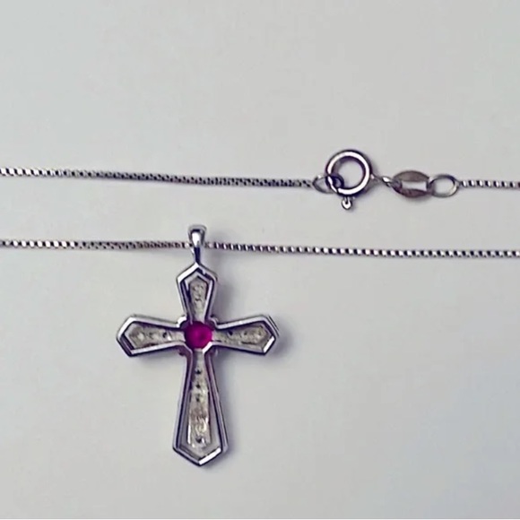 Genuine Diamonds & Pink Sapphire Cross Pendant Necklace on 925 Sterling Silver - Picture 4 of 8